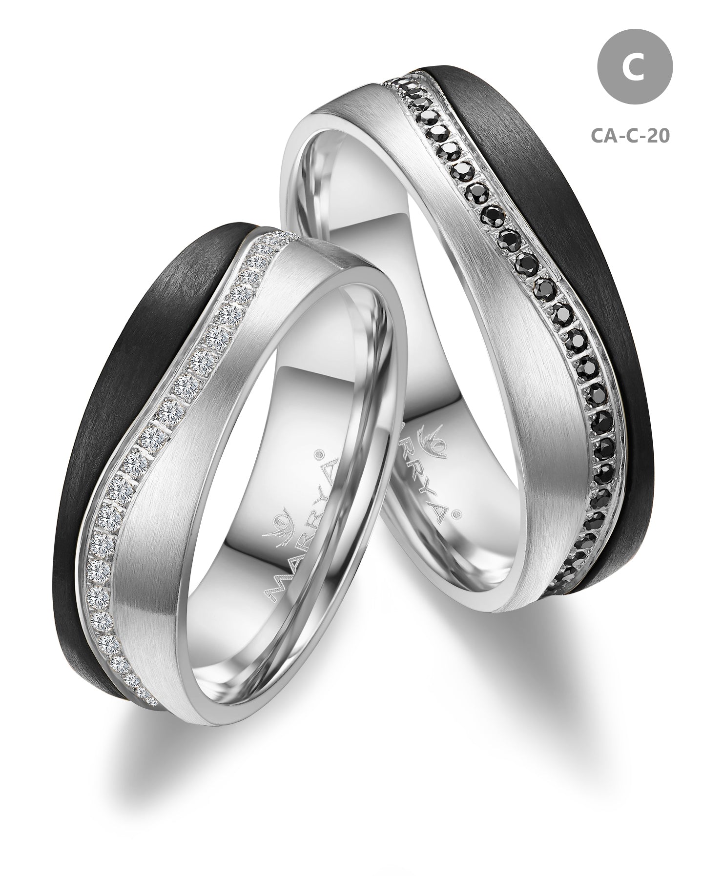 Trauringe Partnerringe  Weißgold  Carbon  mit Zirkonia oder Brillant 6,1mm breit-Hochzeitsschmiede Aachen
