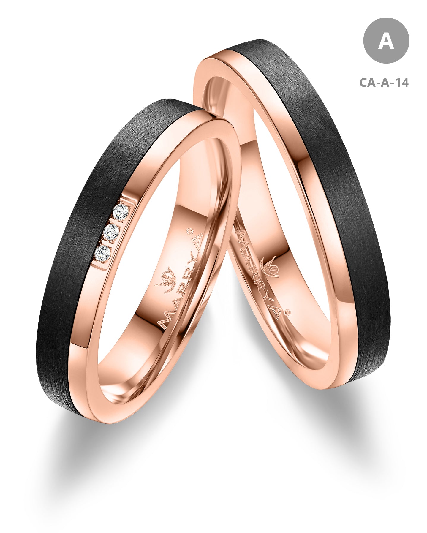 Elegante_Trauringe_aus_333er_Rotgold mit_modernem_Carbon-Design. Hochzeitsschmiede Aachen