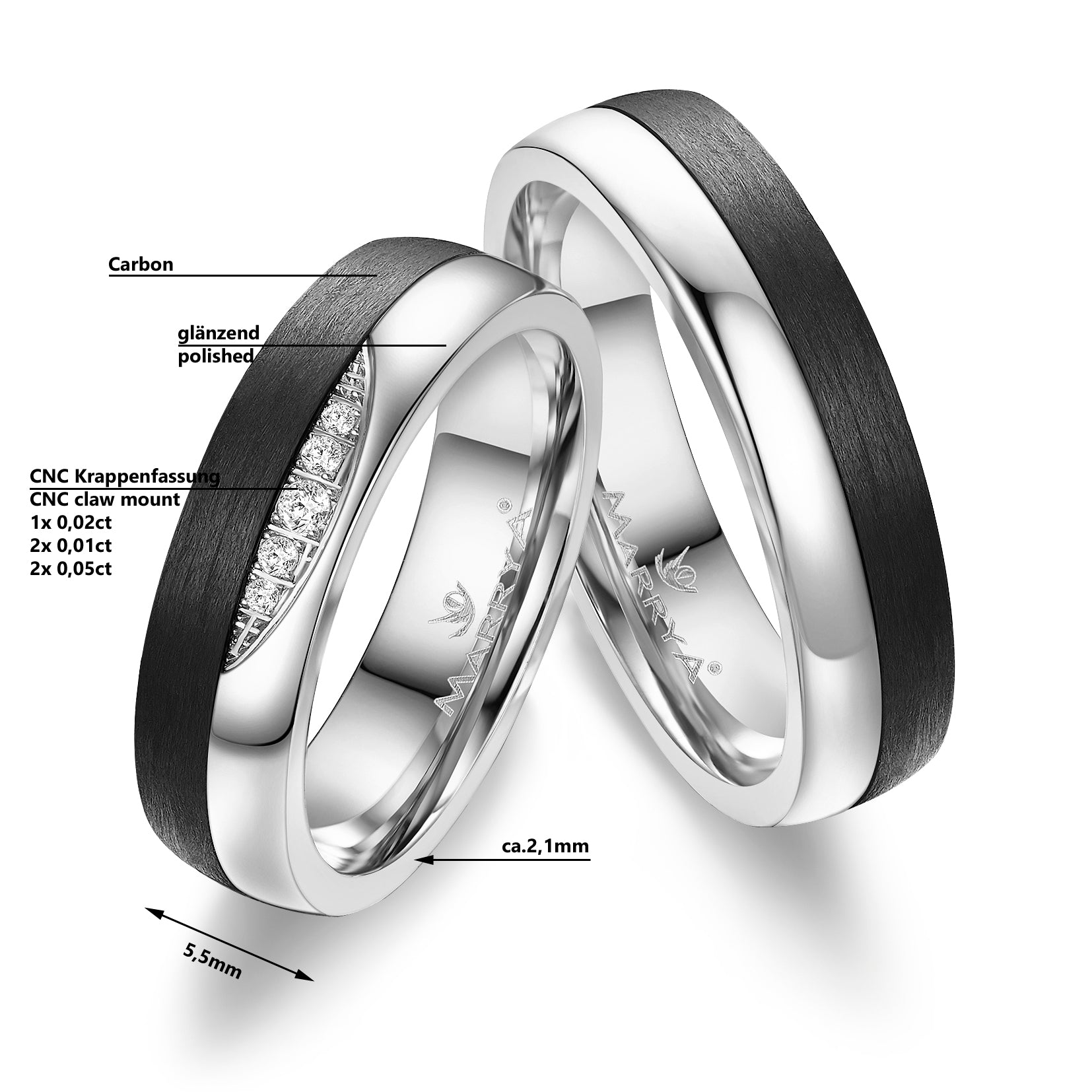 Trauringe Partnerringe 333 Weißgold Carbon mit Zirkonia oder Brillant