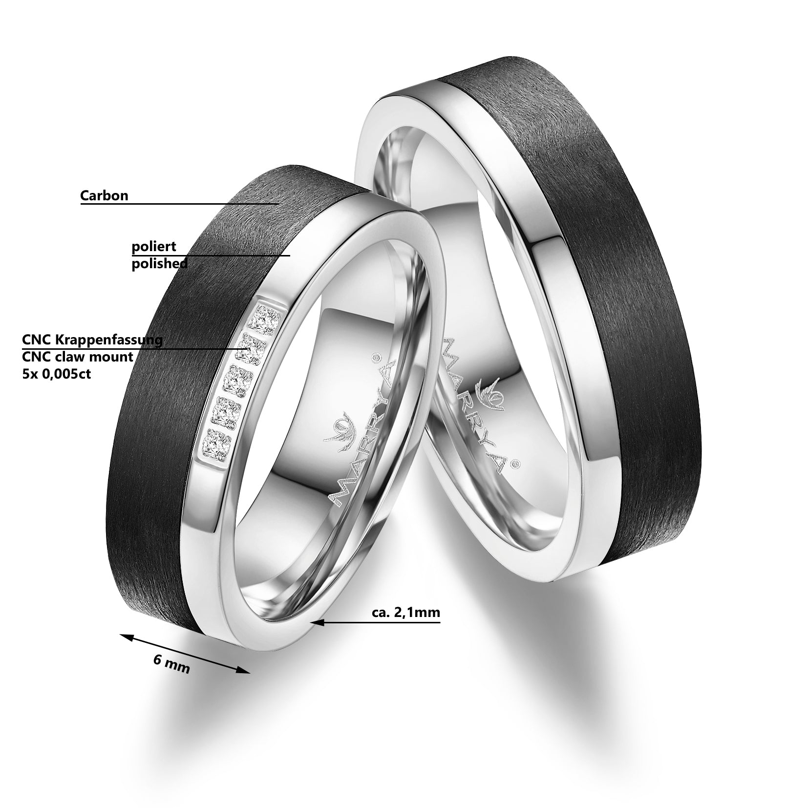 Trauringe Partnerringe  333 Roségold Carbon mit Zirkonia oder Brillant