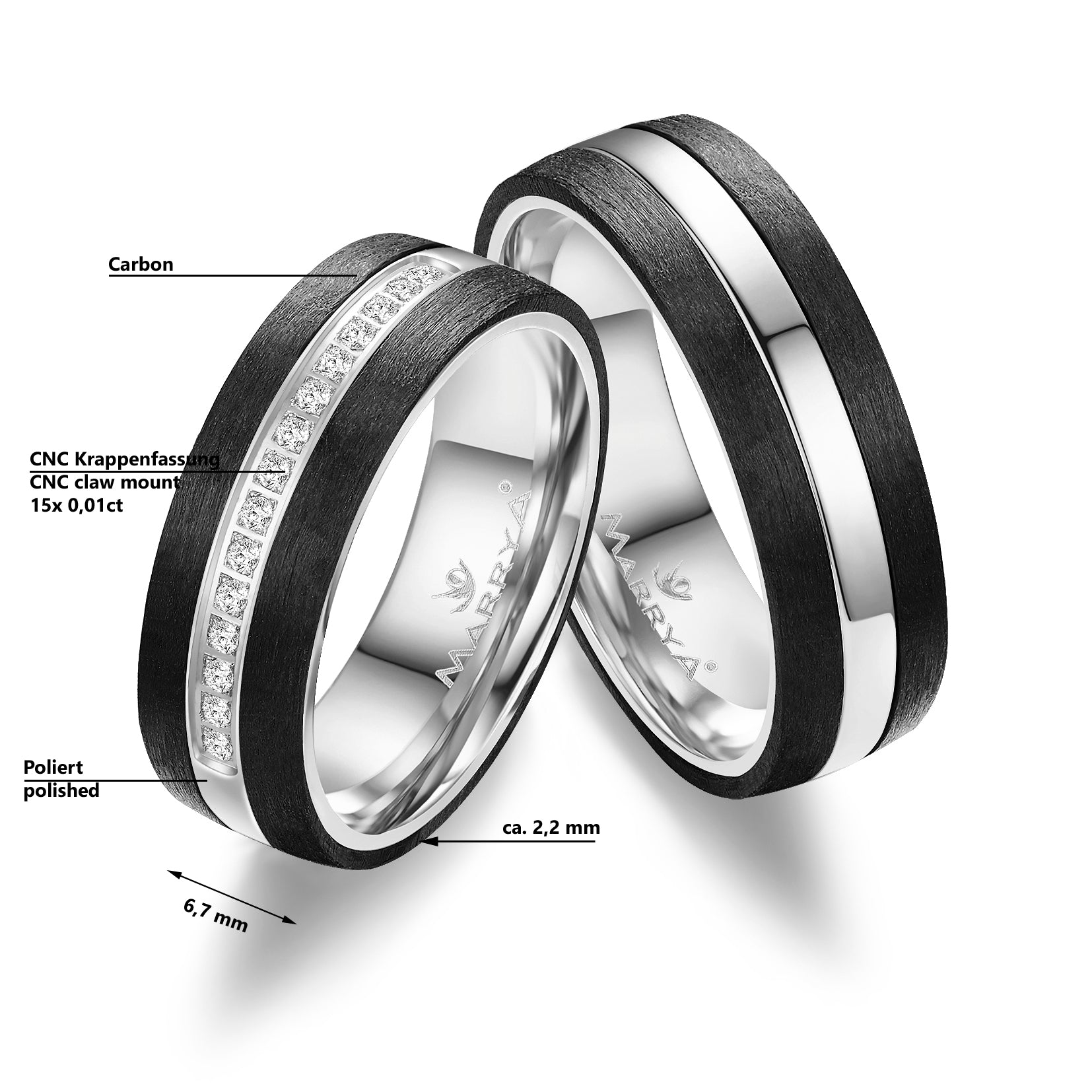 Trauringe Partnerringe  333 Weißgold  Carbon  mit Zirkonia oder Brillant