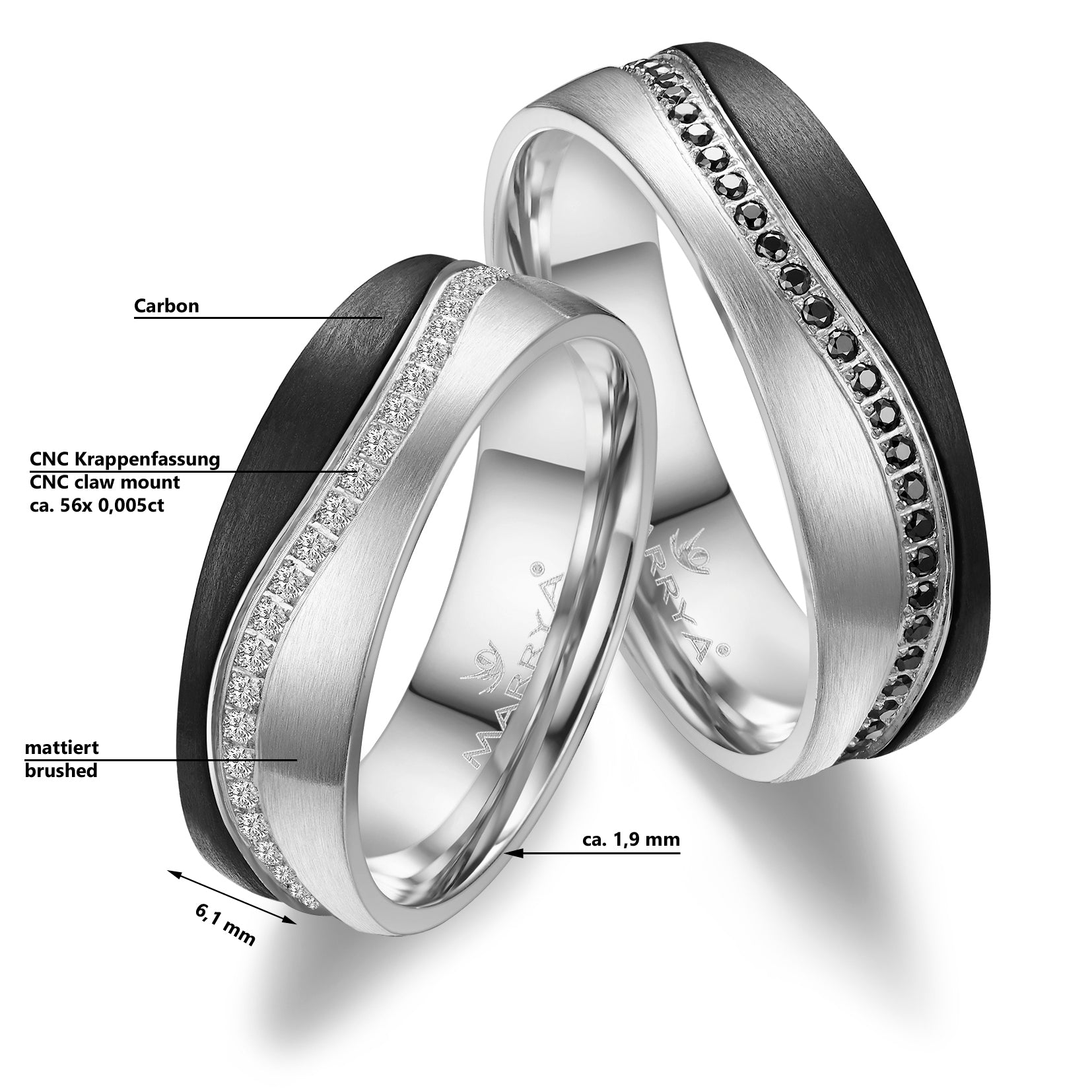 Trauringe Partnerringe  333 Weißgold  Carbon  mit Zirkonia oder Brillant