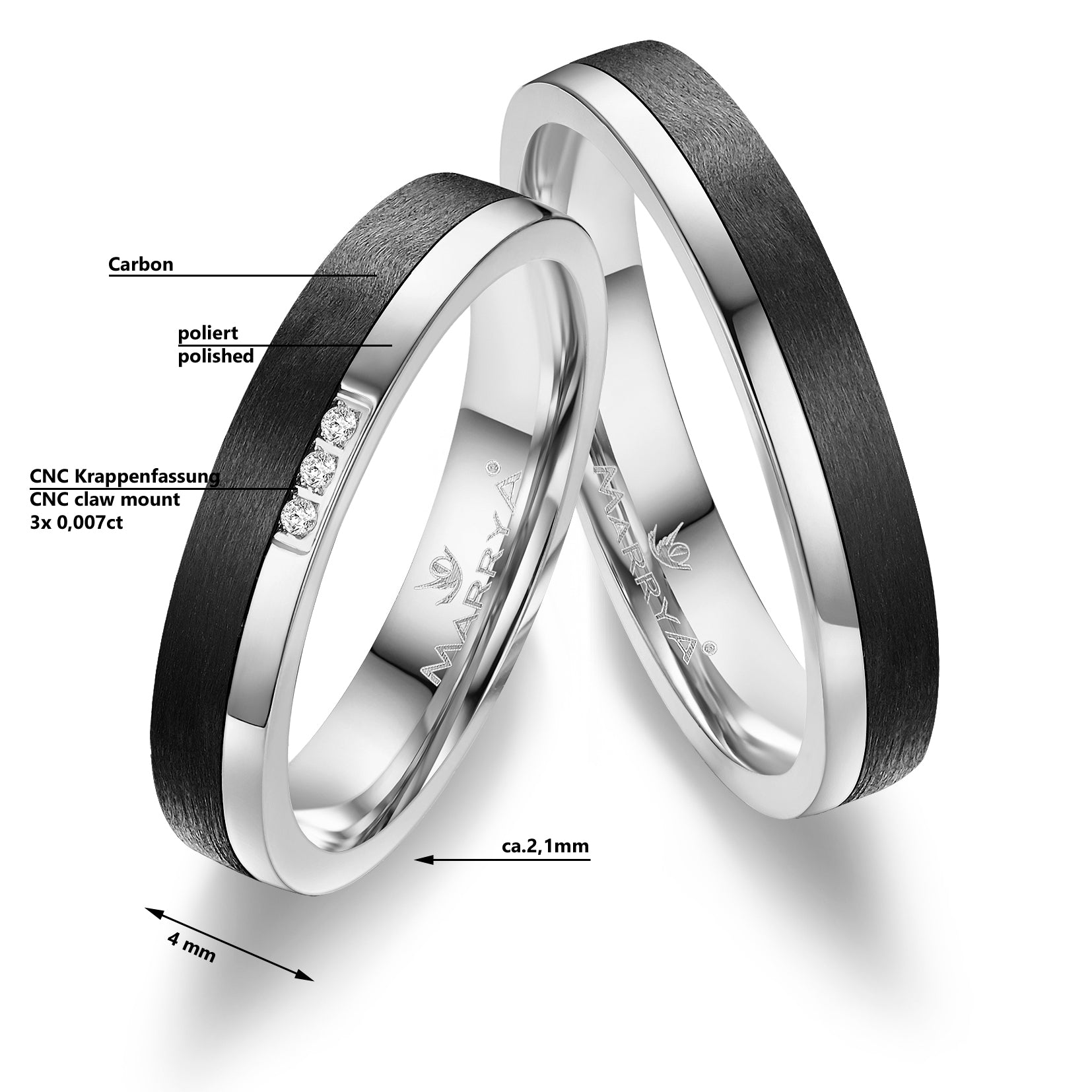 Trauringe Partnerringe in 333 Gelbgold mit Carbon Zirkonia oder Brillant