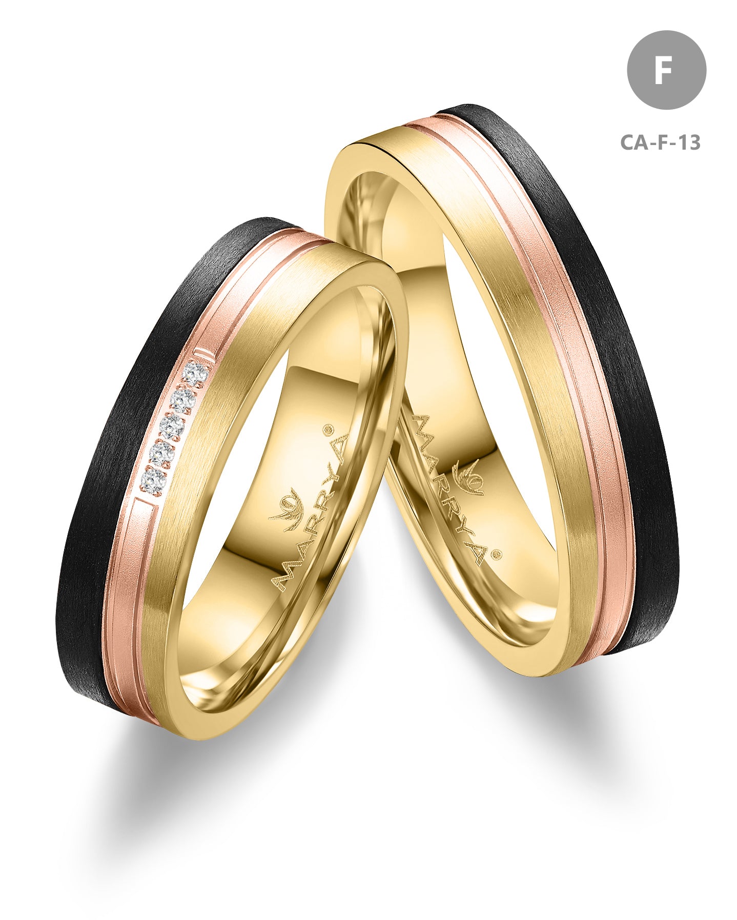 Elegante Trauringe aus 333er Gelbgold mit schwarzem Carbon-Hochzeitsschmiede Aachen