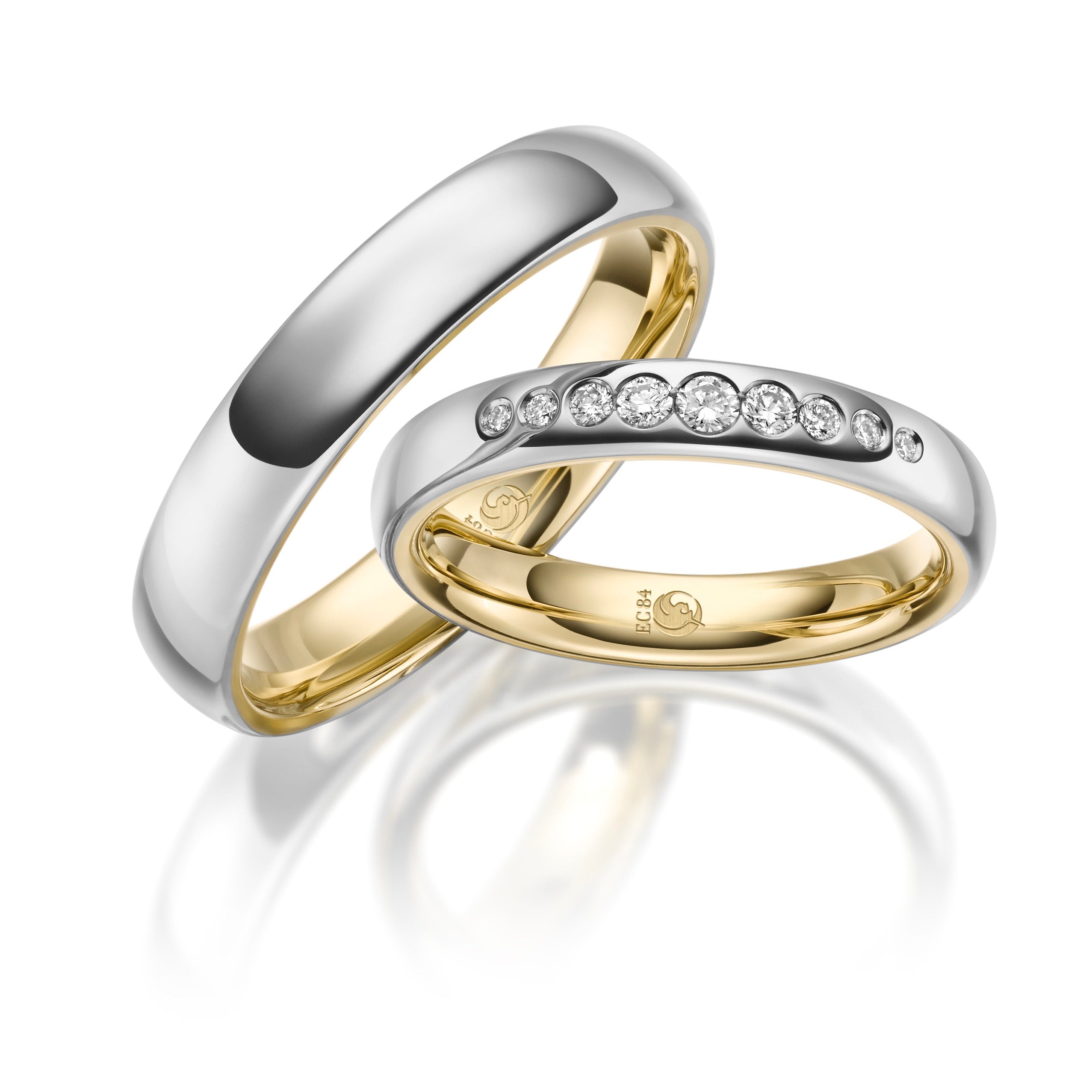 Zweifarbige Trauringe Gelbgold Weißgold  Damenring mit 9 Brillanten 