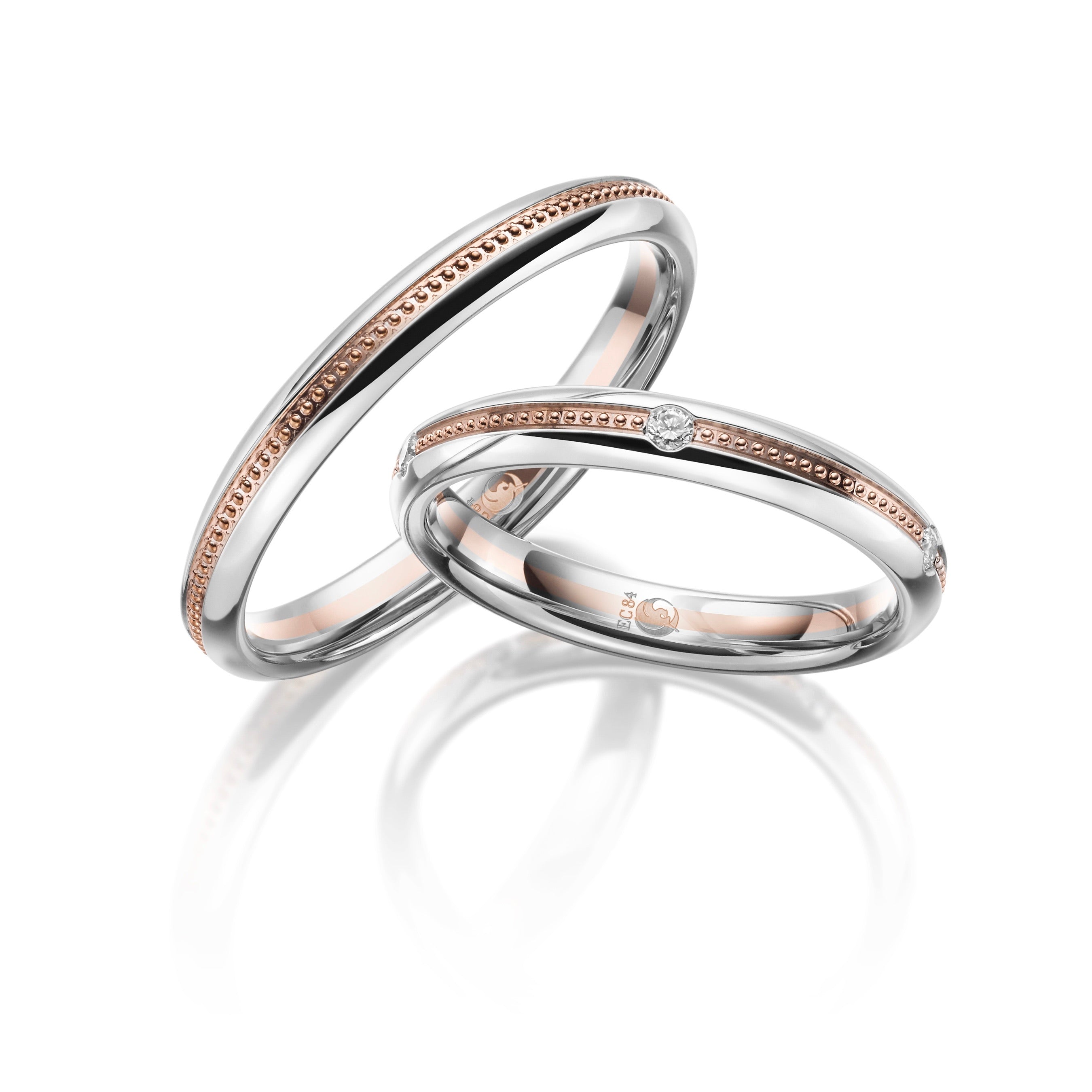 Schmale Trauringe in 585 Weißgold Rotgold 3mm breite zweifarbig mit Perlfuge mittig -Damenring mit einem Diamanten 
