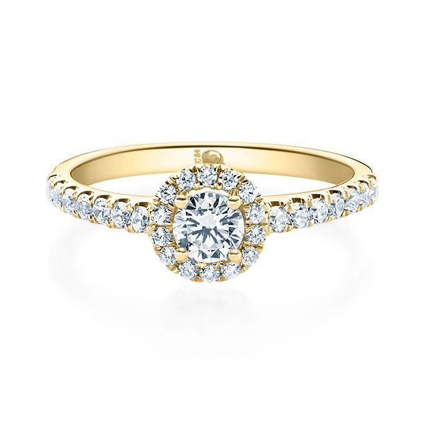 Verlobungsring in Gelbgold mit einem Hauptstein mittig und seitlichen Brillanten in  Aachen kaufen 